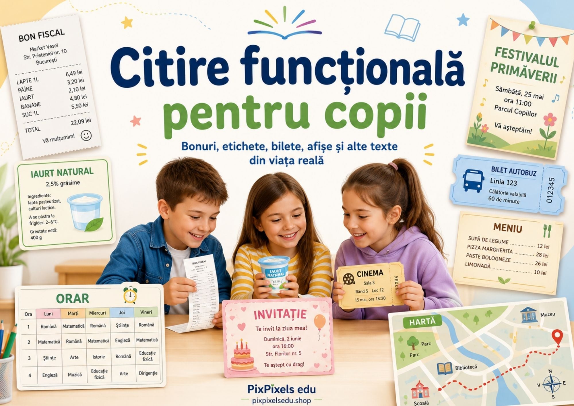 CITIRE FUNCȚIONALĂ PENTRU COPII Bonuri, etichete, bilete, meniuri, afișe, orare, invitații și alte texte din viața reală