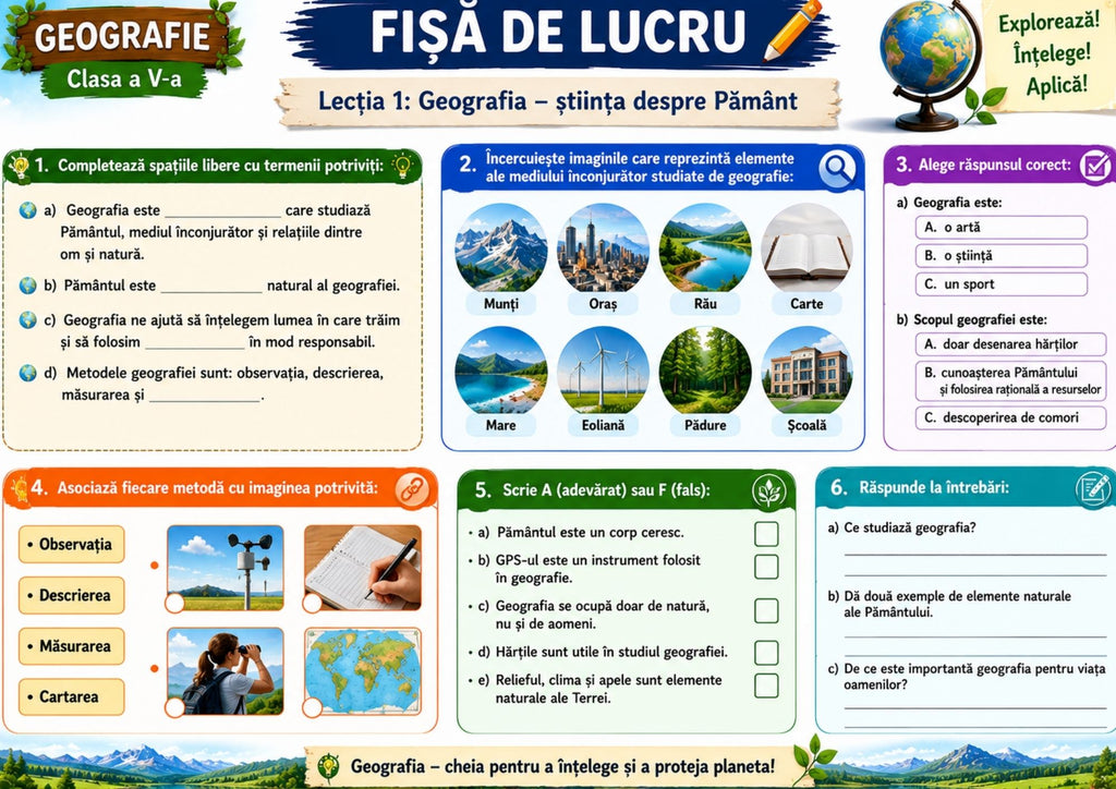 Caiet de Geografie pentru Clasa a V-a
